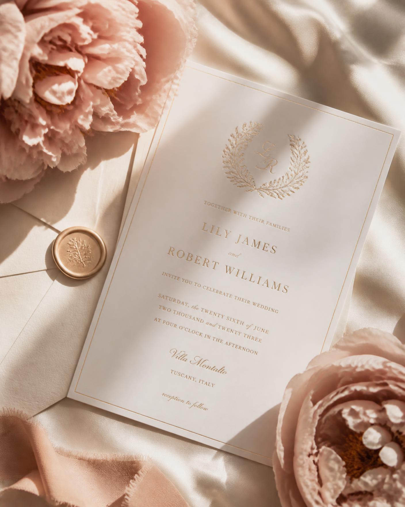 Cream and blush wedding invitation with gold foil, peonies and a wax seal