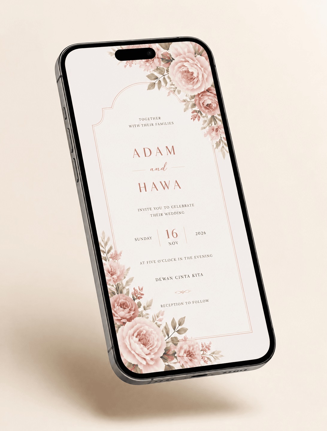 Phone displaying an animated blush floral digital wedding invitation